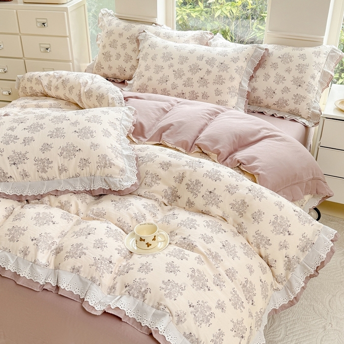 91家纺网 家纺一手货源 找家纺 晨晨家纺2025新款全棉双层花边双层纱四件套 雪莉-咖