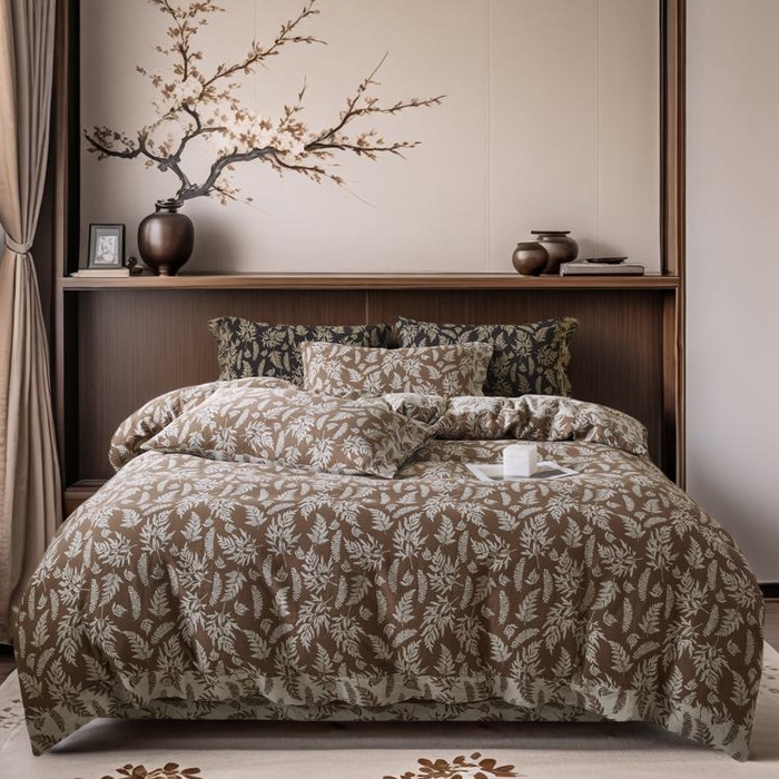 91家纺网 家纺一手货源 找家纺 2025新款全棉色织双层纱纽扣款四件套 扶苏-浅咖