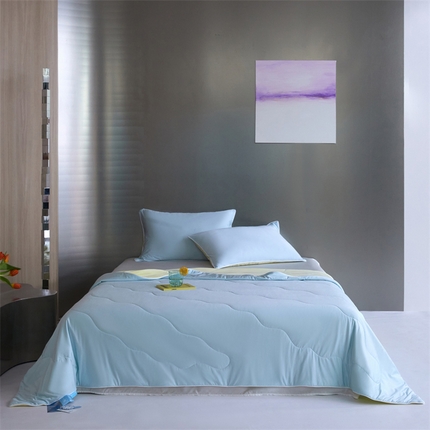 头等舱  2025新款锦氨（165克）水光亮面锦A类55莱赛尔植物大豆7A抗菌夏凉被夏被-配礼盒（空镜图） 浅天兰＋奶黄