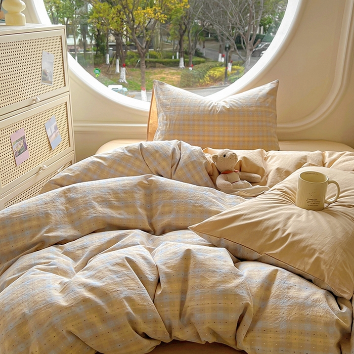 91家纺网 家纺一手货源 找家纺 田野 2025新款全棉水洗棉提花点点系列四件套 点点-兰咖