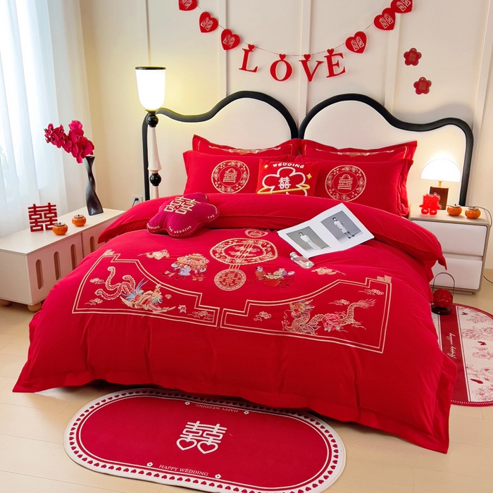 91家纺网 家纺一手货源 找家纺 2025新款100支150克双面长绒棉婚庆绣花四件套 龙凤九天