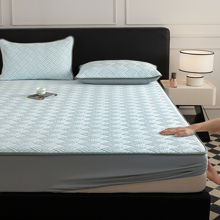 91家纺网 家纺一手货源 找家纺 2025新款韩国外贸爆款加厚PE中分子凉感豆豆软席 时空蓝-床笠款