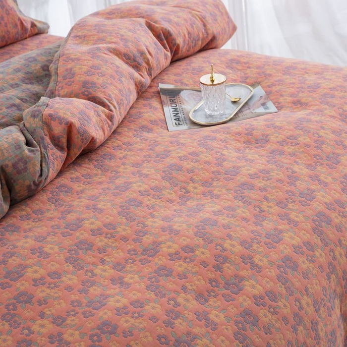 91家纺网 家纺一手货源 找家纺 2025新款全棉色织双层纱纽扣款四件套  清新之歌-粉