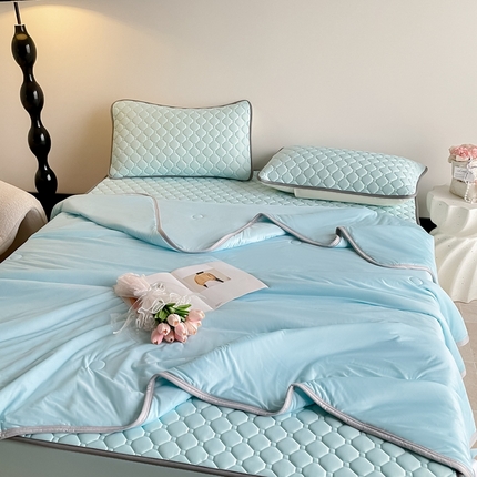 2025新款加厚乳胶床笠款经典纯色夏被套件 方格-湖蓝