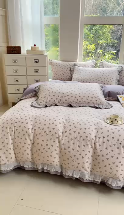 91家纺网 家纺一手货源 找家纺 晨晨家纺2025新款全棉双层花边双层纱四件套 法式少女-咖