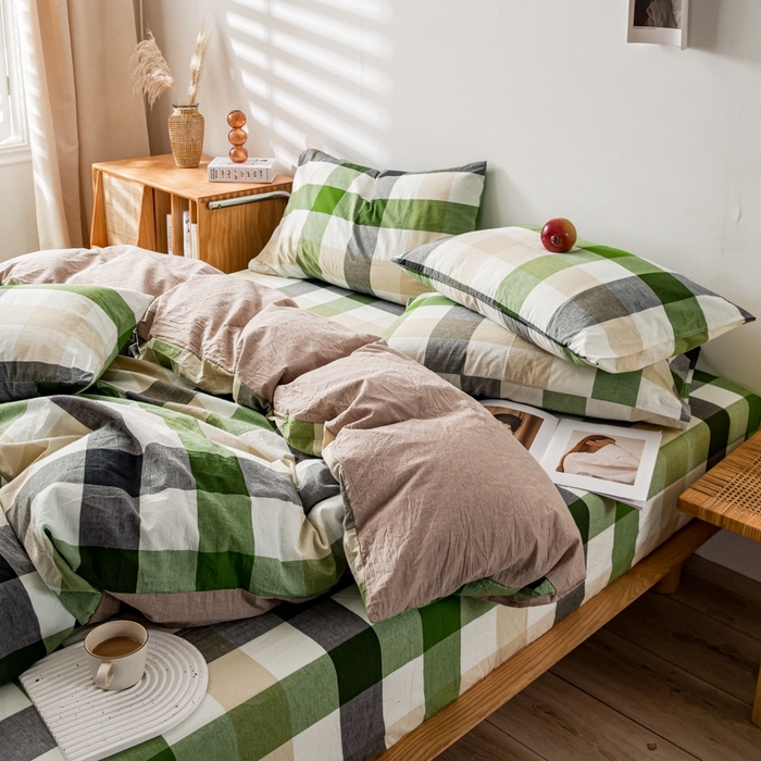 91家纺网 家纺一手货源 找家纺 2025新款A类色织水洗棉单被套 海青鲜绿格