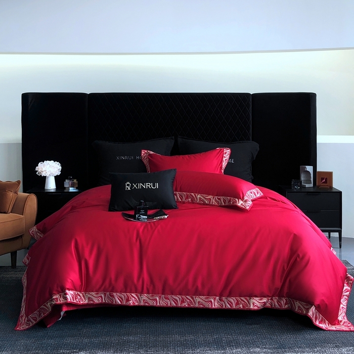 91家纺网 家纺一手货源 找家纺 馨蕊家居 2025新款100s高奢典藏简约全棉系列四件套-棉水漾 水漾-温莎红