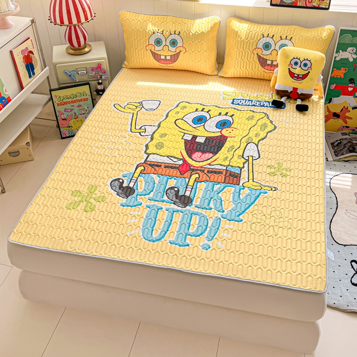 91家纺网 家纺一手货源 找家纺 金爱家 2025新款海绵宝宝乳胶凉席床席款凉席席子 床席款-咖啡海绵宝宝