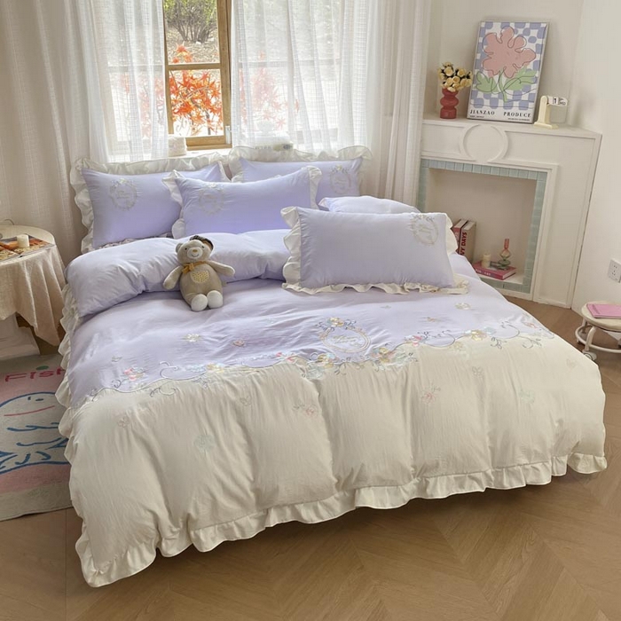 91家纺网 家纺一手货源 找家纺 ab家纺2025新款全棉水洗棉绣花四件套-夏莉儿 夏莉儿-香芋紫