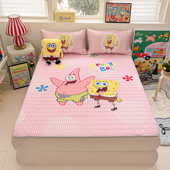 91家纺网 家纺一手货源 找家纺 金爱家 2025新款海绵宝宝乳胶凉席床席款凉席席子 床席款-粉粉海绵宝宝