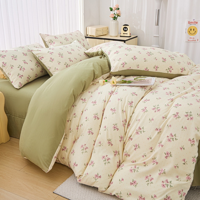 91家纺网 家纺一手货源 找家纺 蕾诺家纺 2025新款直播新款A类有氧提花云纱棉圆角吊边工艺四件套学生三件套 甜蜜蜜