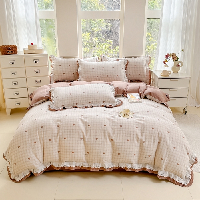 91家纺网 家纺一手货源 找家纺 晨晨家纺2025新款全棉双层花边双层纱四件套 心动-咖