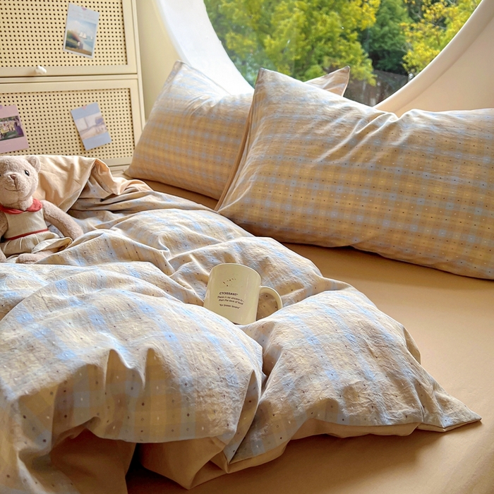 91家纺网 家纺一手货源 找家纺 田野 2025新款全棉水洗棉提花点点系列四件套 点点-兰咖