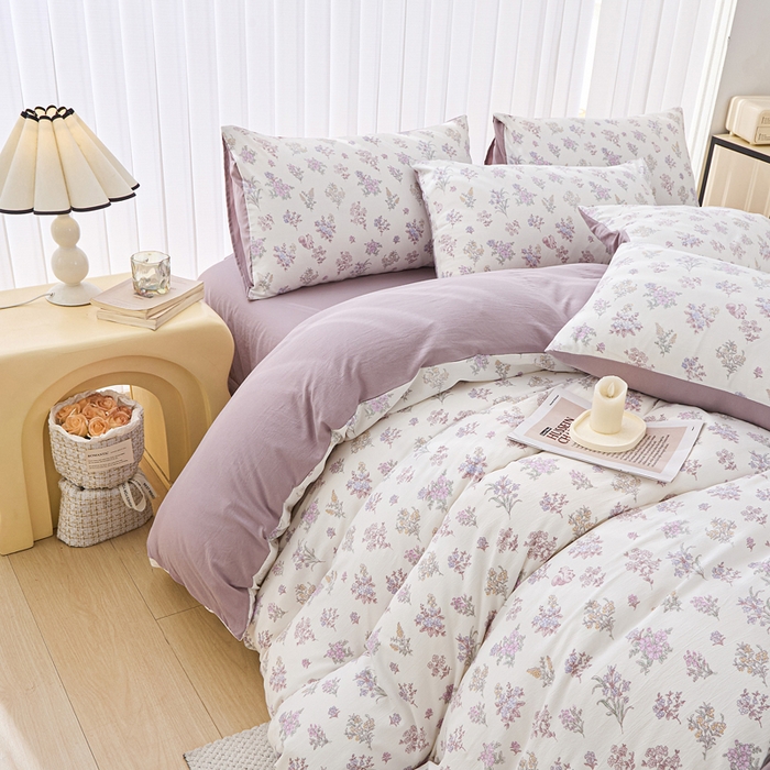 91家纺网 家纺一手货源 找家纺 蕾诺家纺 2025新款直播新款A类有氧提花云纱棉圆角吊边工艺四件套学生三件套 莫奈花园