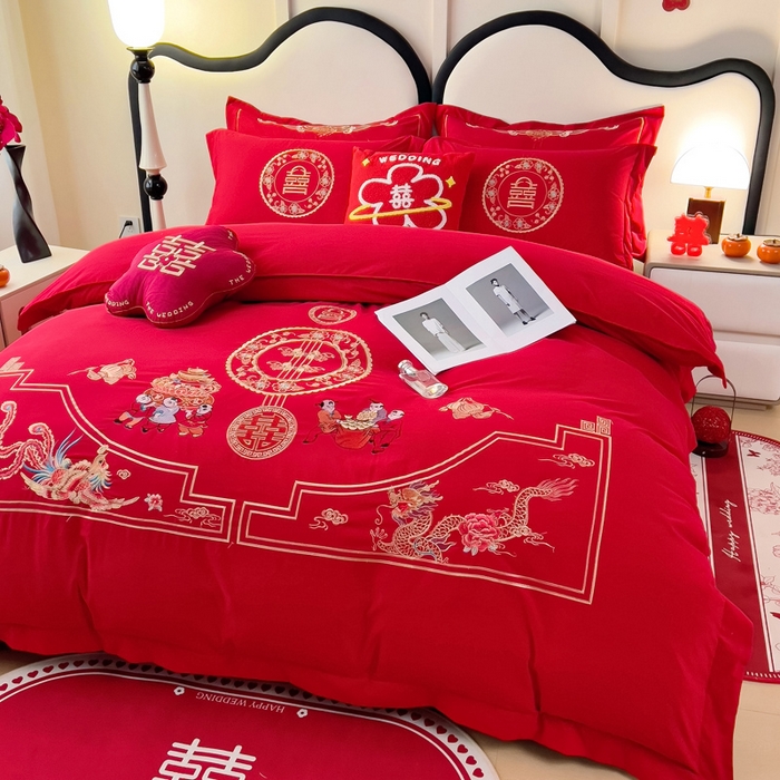 91家纺网 家纺一手货源 找家纺 2025新款100支150克双面长绒棉婚庆绣花四件套 龙凤九天