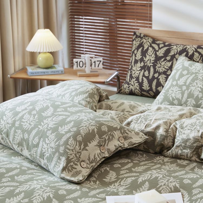 91家纺网 家纺一手货源 找家纺 2025新款全棉色织双层纱纽扣款四件套 扶苏-绿