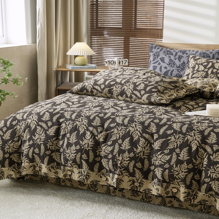 91家纺网 家纺一手货源 找家纺 2025新款全棉色织双层纱纽扣款四件套 扶苏-深咖