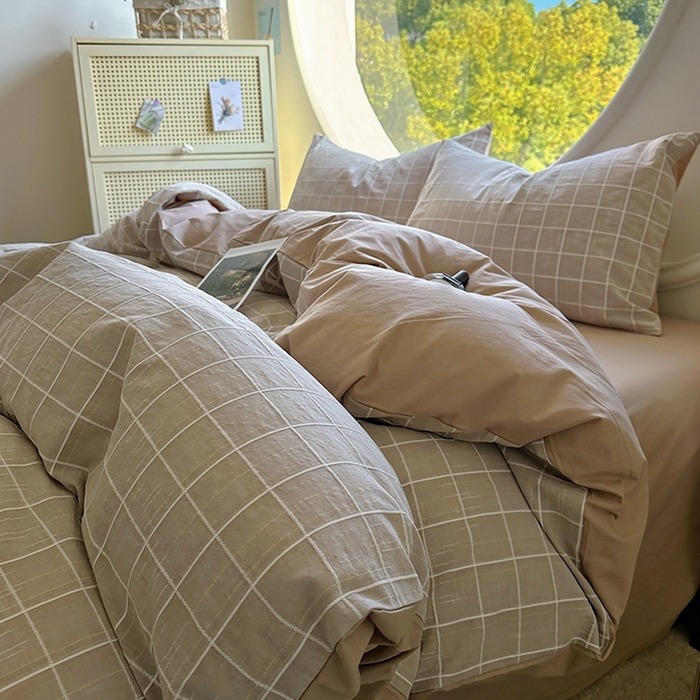 91家纺网 家纺一手货源 找家纺 田野 2025新款全棉水洗棉提花锦绣系列四件套 锦绣-卡其