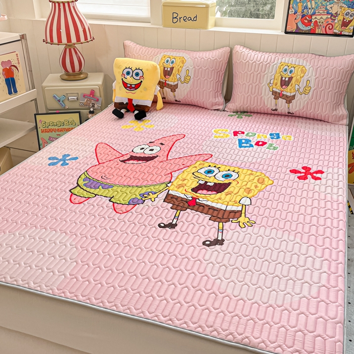 91家纺网 家纺一手货源 找家纺 金爱家 2025新款海绵宝宝乳胶凉席床席款凉席席子 床席款-粉粉海绵宝宝