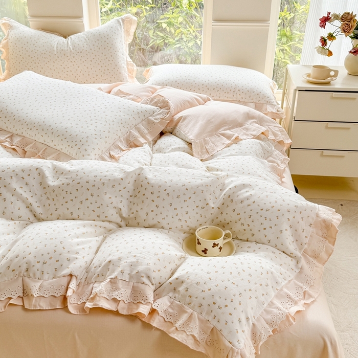 91家纺网 家纺一手货源 找家纺 晨晨家纺2025新款全棉双层花边双层纱四件套 花蕊-黄