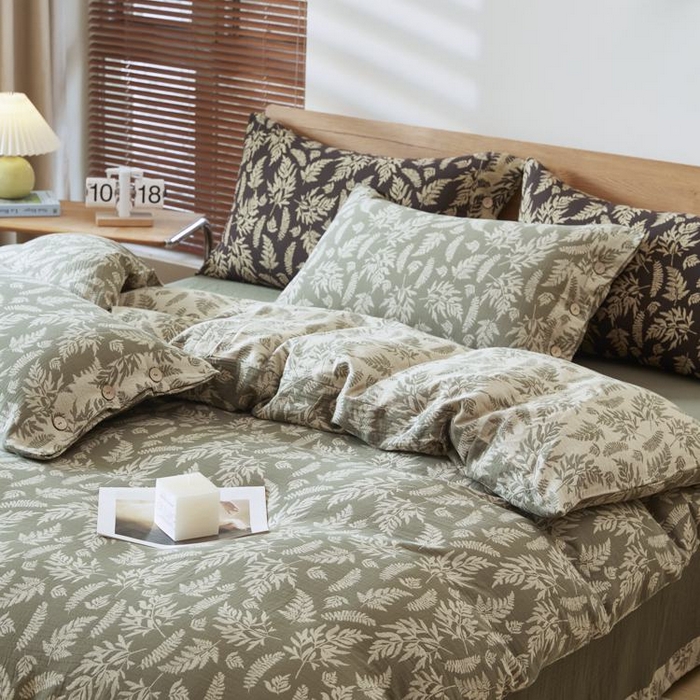 91家纺网 家纺一手货源 找家纺 2025新款全棉色织双层纱纽扣款四件套 扶苏-绿