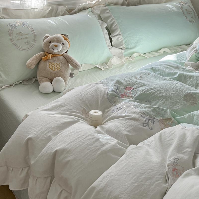 91家纺网 家纺一手货源 找家纺 ab家纺2025新款全棉水洗棉绣花四件套-夏莉儿 夏莉儿-水绿