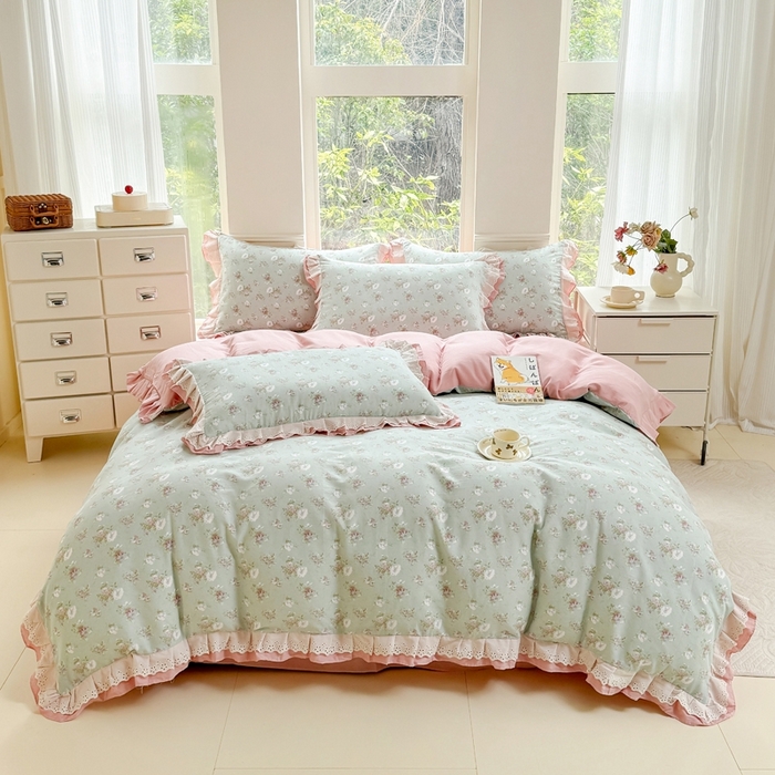 91家纺网 家纺一手货源 找家纺 晨晨家纺2025新款全棉双层花边双层纱四件套 秘密花园