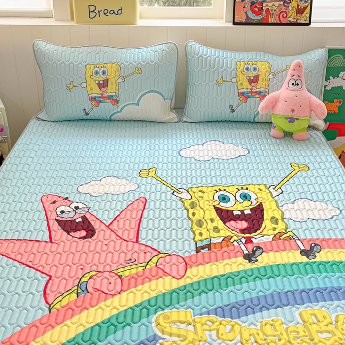 91家纺网 家纺一手货源 找家纺 金爱家 2025新款海绵宝宝乳胶凉席床席款凉席席子 床席款-彩虹海绵宝宝