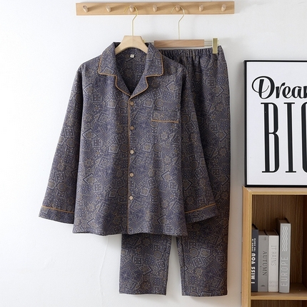 洛兰沙家居馆【只代发】【只代发】2025新款男款休闲色织纯棉双层纱布睡衣夏季薄款长袖短袖宽松家居服外穿 长袖C007