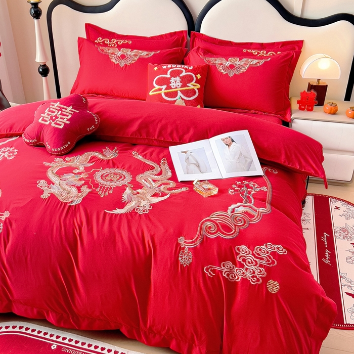 91家纺网 家纺一手货源 找家纺 2025新款100支150克双面长绒棉婚庆绣花四件套 龙腾凤跃