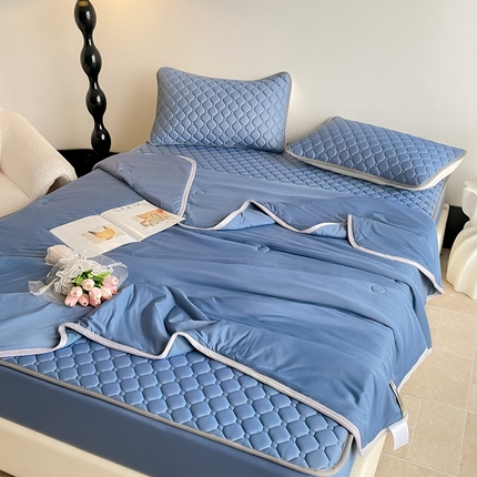 2025新款加厚乳胶床笠款经典纯色夏被套件 方格-宝蓝