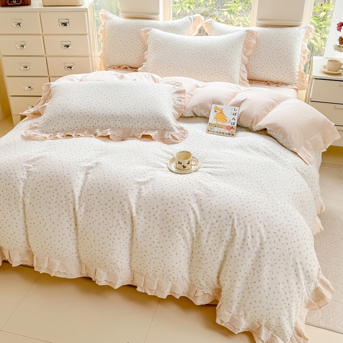 91家纺网 家纺一手货源 找家纺 晨晨家纺2025新款全棉双层花边双层纱四件套 花蕊-黄