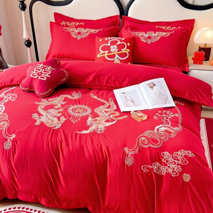 2025新款100支150克双面长绒棉婚庆绣花四件套 龙腾凤跃