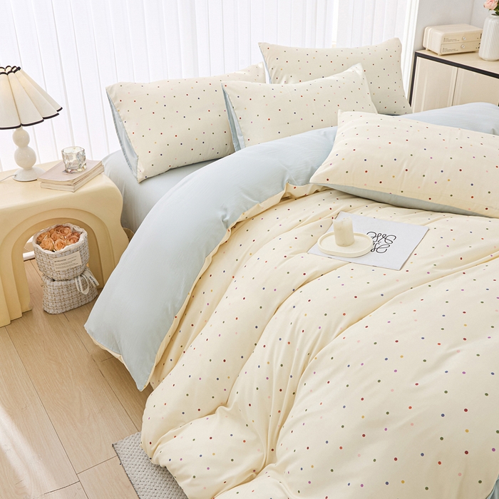 91家纺网 家纺一手货源 找家纺 蕾诺家纺 2025新款直播新款A类有氧提花云纱棉圆角吊边工艺四件套学生三件套 绿波点