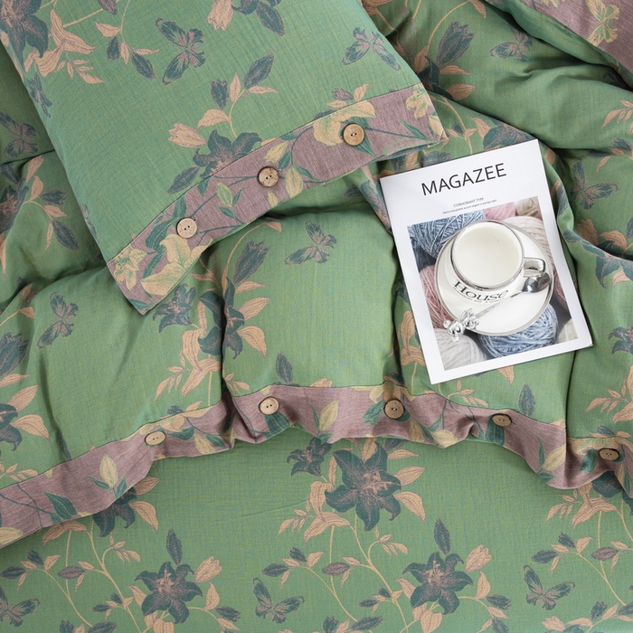 91家纺网 家纺一手货源 找家纺 2025新款全棉色织双层纱纽扣款四件套 和和美美-绿