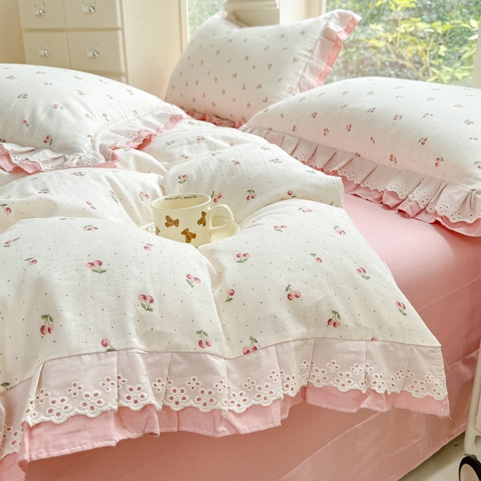 91家纺网 家纺一手货源 找家纺 晨晨家纺2025新款全棉双层花边双层纱四件套 秋实