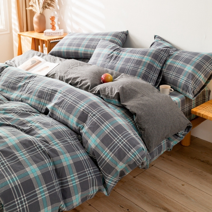 91家纺网 家纺一手货源 找家纺 2025新款A类色织水洗棉单被套 灰绿格