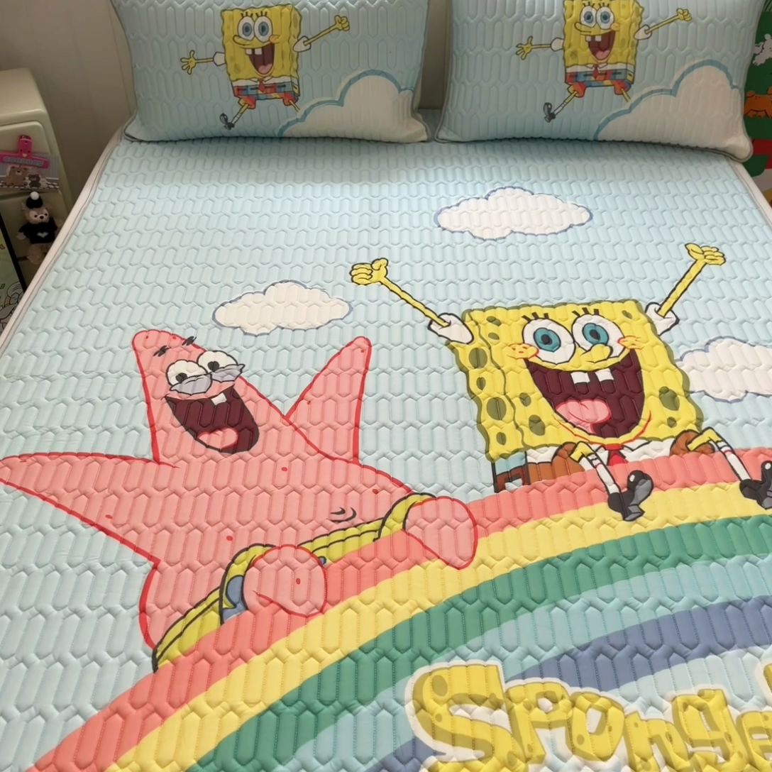 91家纺网 家纺一手货源 找家纺 金爱家 2025新款海绵宝宝乳胶凉席床席款凉席席子 床席款-彩虹海绵宝宝