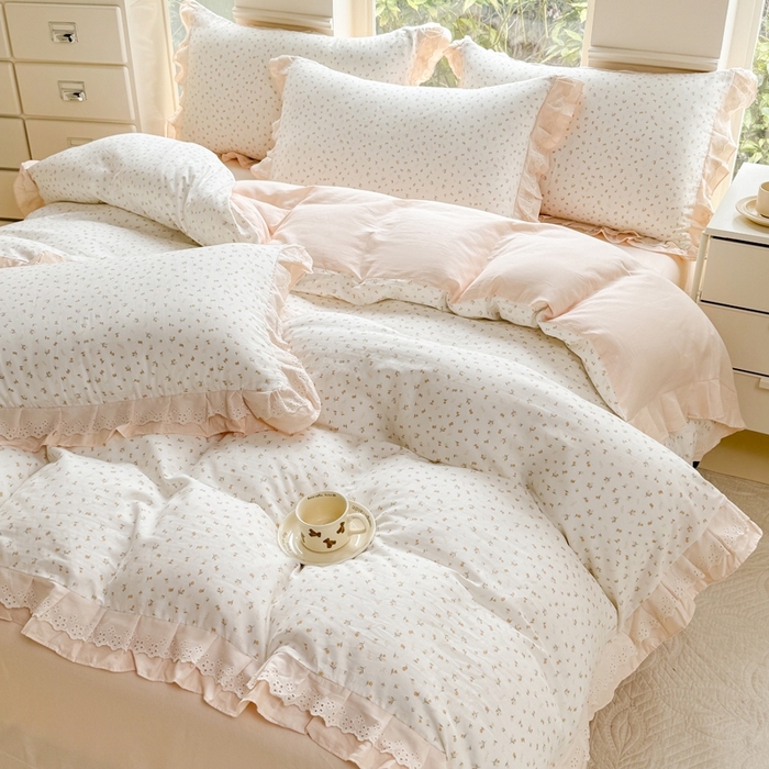 91家纺网 家纺一手货源 找家纺 晨晨家纺2025新款全棉双层花边双层纱四件套 花蕊-黄