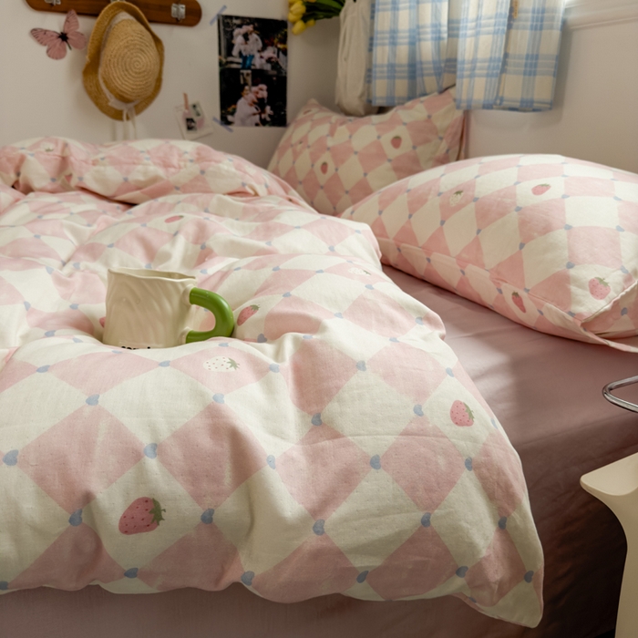 91家纺网 家纺一手货源 找家纺 塔塔家居  2025新款全棉纯棉双层纱床单床笠单品 草莓酱·粉