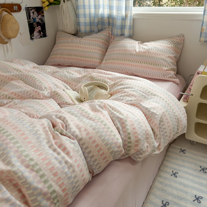 91家纺网 家纺一手货源 找家纺 塔塔家居  2025新款全棉纯棉双层纱四件套 多彩