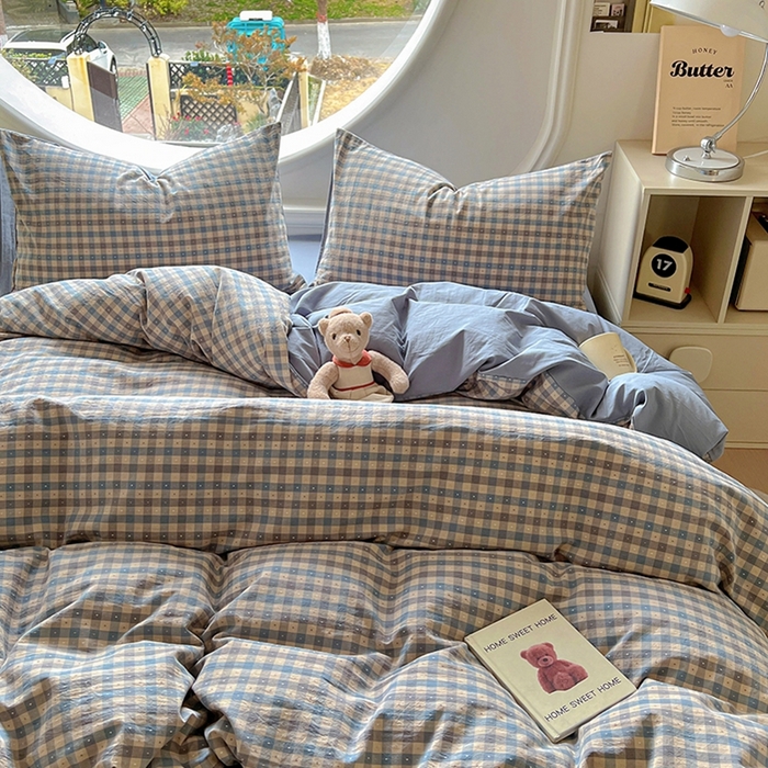 91家纺网 家纺一手货源 找家纺 田野 2025新款全棉水洗棉提花点点系列四件套 点点-深蓝