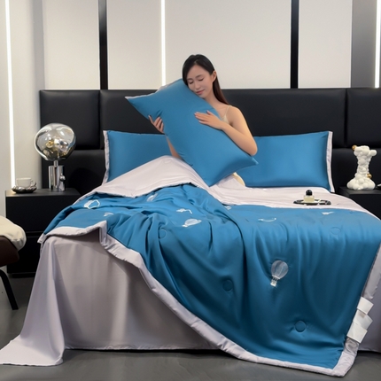 雨洋家纺 2025新款清凉舒适水洗冰丝刺绣夏被四件套 气球-青蓝