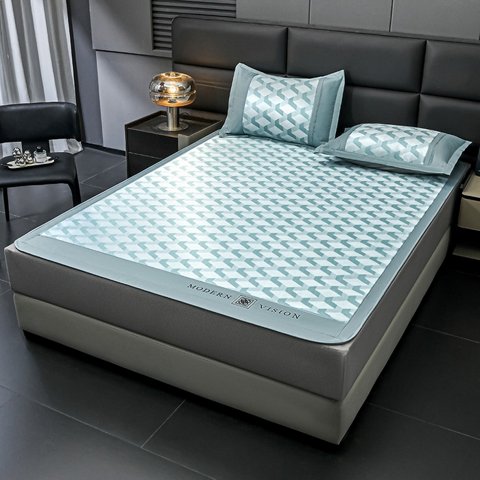 91家纺网 家纺一手货源 找家纺 全季家居 2025新款5A抗菌3D立体冰柔凉感冰丝席 菱形-水绿 床笠款