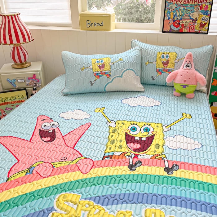 91家纺网 家纺一手货源 找家纺 金爱家 2025新款海绵宝宝乳胶凉席床席款凉席席子 床席款-彩虹海绵宝宝