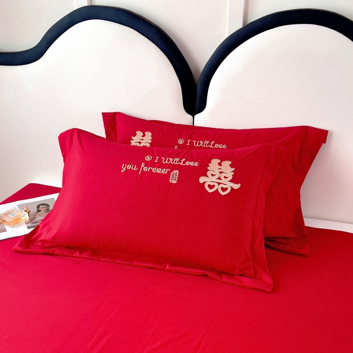 91家纺网 家纺一手货源 找家纺 2025新款100支150克双面长绒棉婚庆绣花四件套 幸福美满