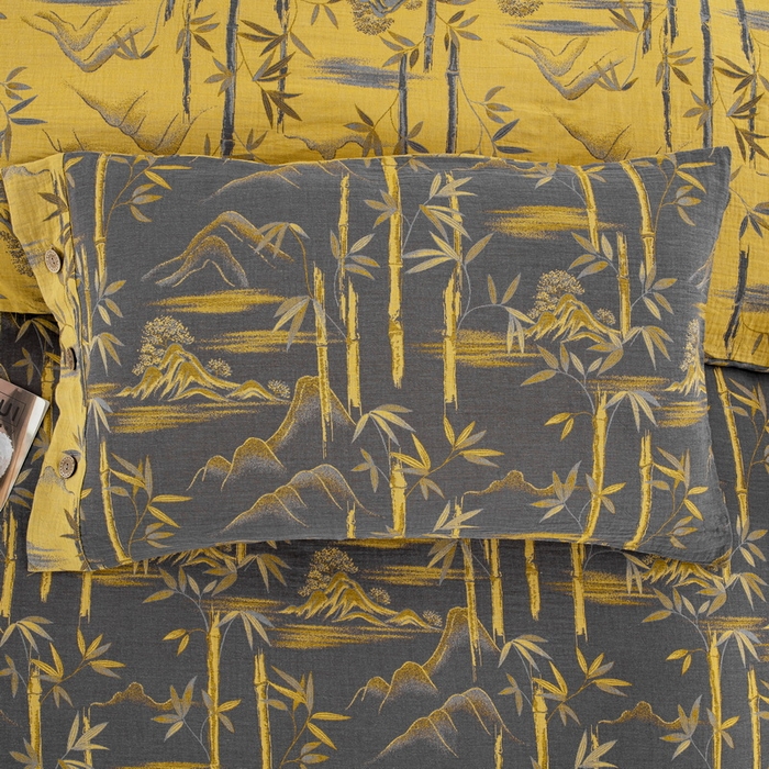 91家纺网 家纺一手货源 找家纺 2025新款全棉色织双层纱纽扣款四件套  竹报平安-黑金