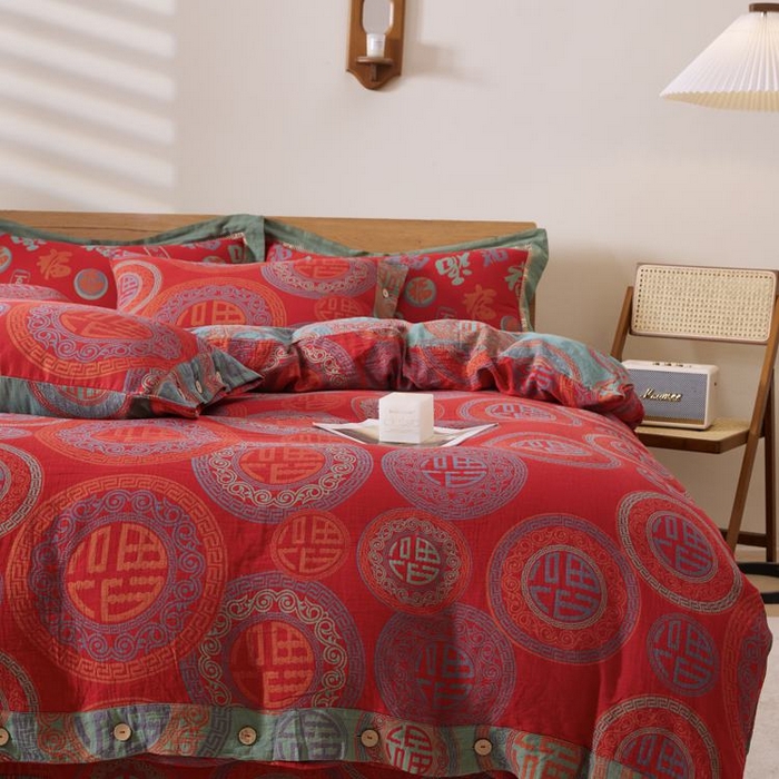 91家纺网 家纺一手货源 找家纺 2025新款全棉色织双层纱纽扣款四件套 福星高照