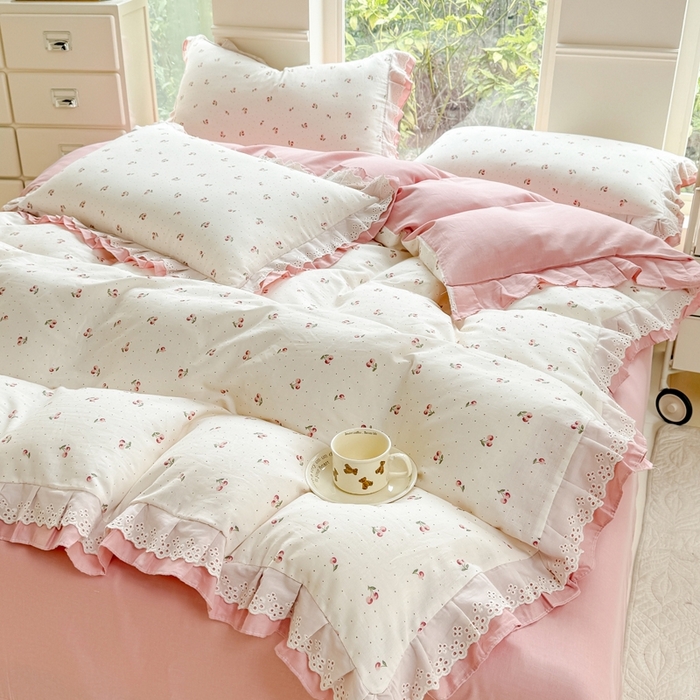 91家纺网 家纺一手货源 找家纺 晨晨家纺2025新款全棉双层花边双层纱四件套 秋实