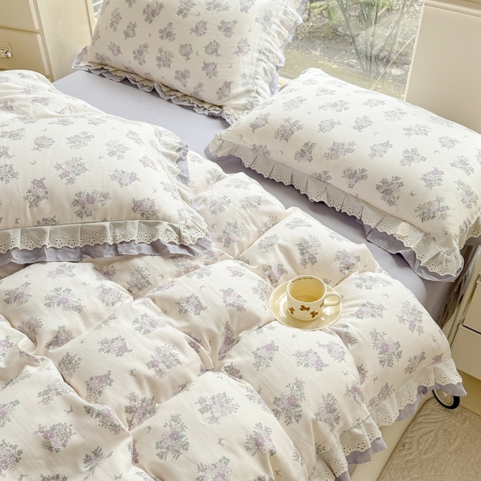 91家纺网 家纺一手货源 找家纺 晨晨家纺2025新款全棉双层花边双层纱四件套 紫香甜语